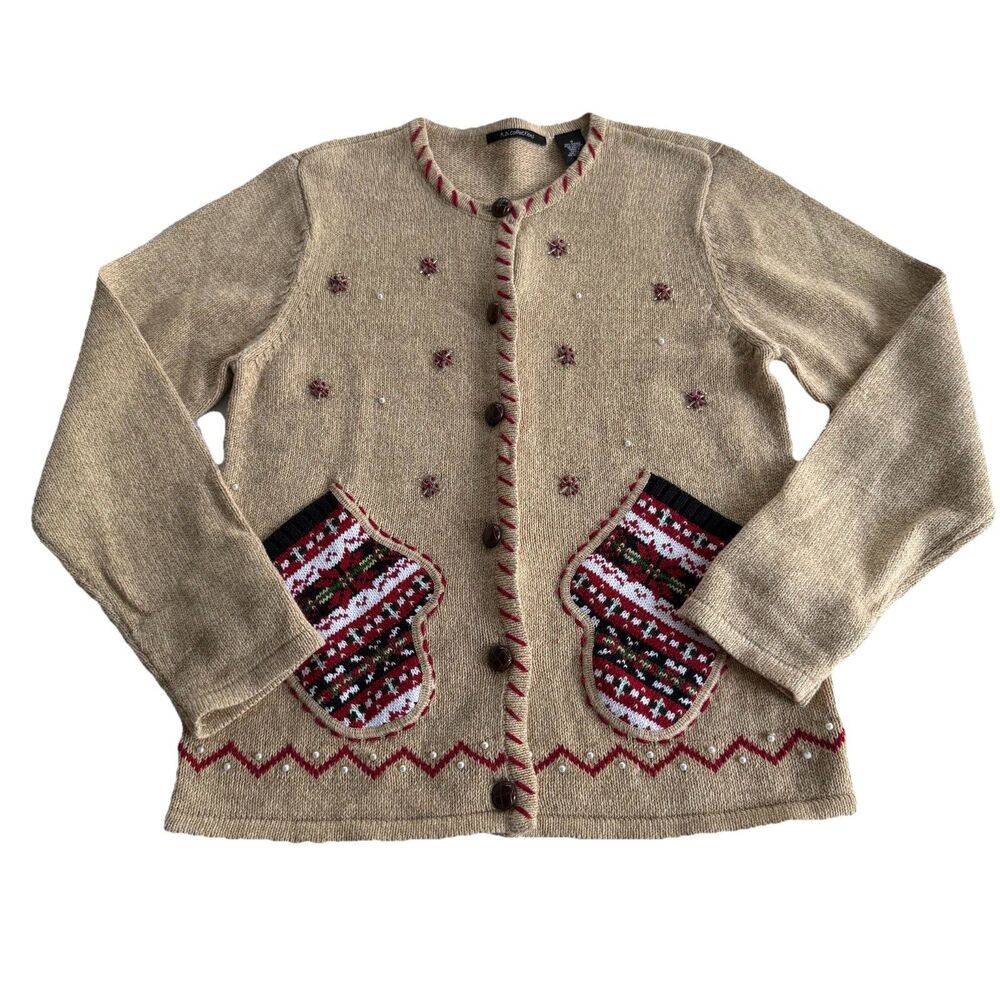 Tan Winter Mittens Snowflake Xmas Sweater Cardigan Ugly Christmas Beads Sz S